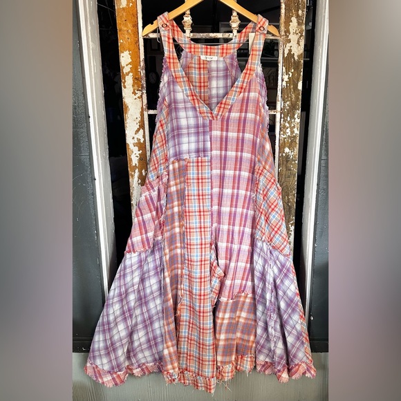 Oli & Hali Mixed Plaid Wide Leg Jumpsuit Large Raw Edge Cotton Boho - Picture 8 of 9